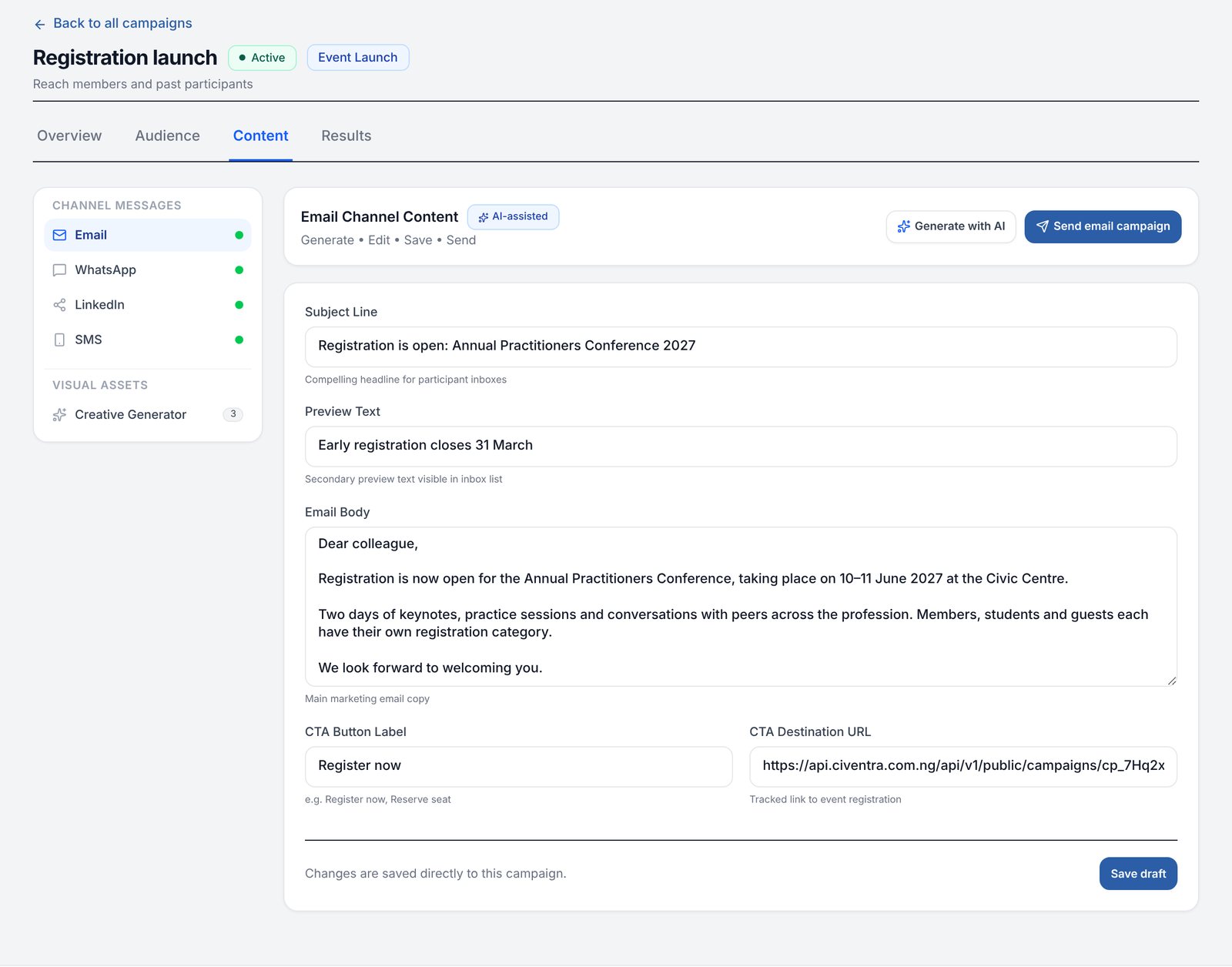 The campaign editor with Generate with AI, the email subject, preview text, body and a tracked registration link
