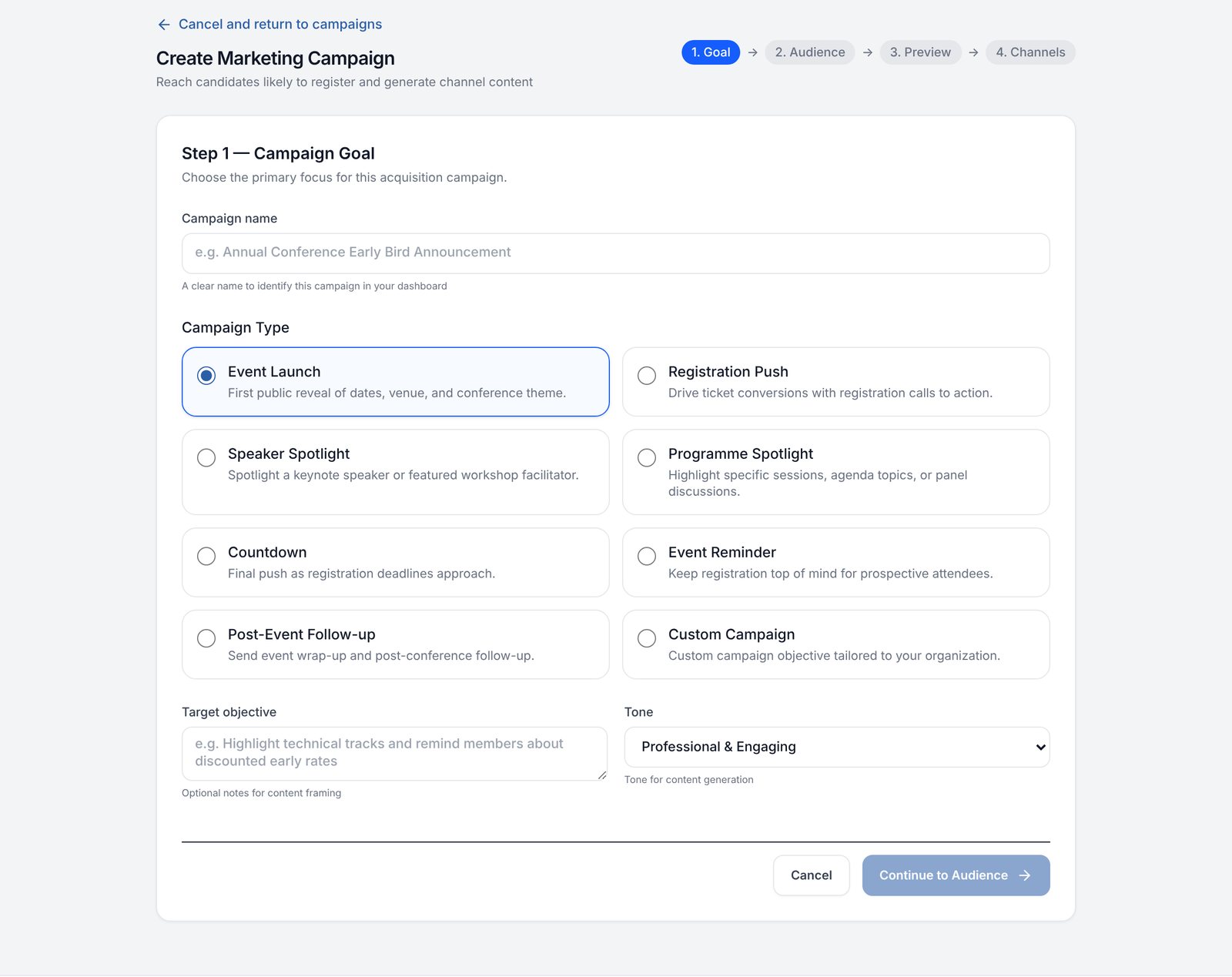 Creating a campaign in the Civentra dashboard: choosing the campaign type, with Goal, Audience, Preview and Channels steps