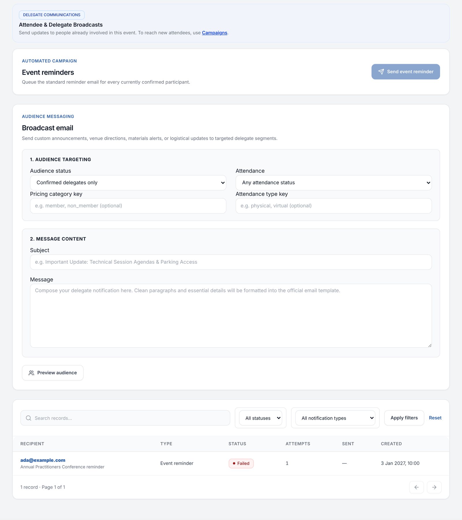 Delegate communications with event reminders and broadcast email to registered participants