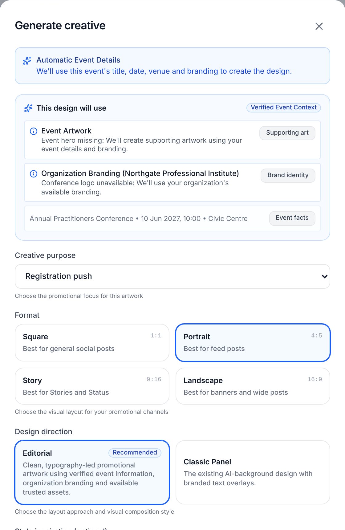 Generate creative dialog listing event details, format choices and design direction