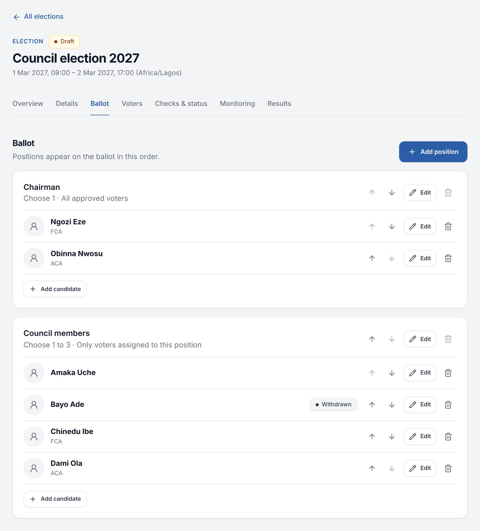 Election ballot setup with Chairman and Council members positions and their candidates